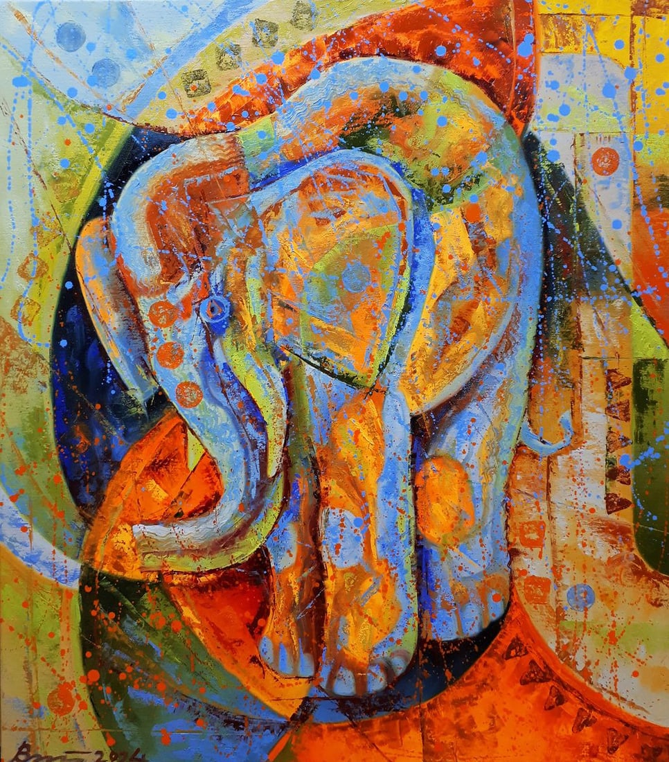 Oil painting Blue Elephant Sergey Voichenko: Title: Oil painting Blue Elephant Sergey Voichenko Description: No. Voich 106"Blue Elephant" is an oil painting that captures the majesty and spirit of its subject through a vivid expressionist style.