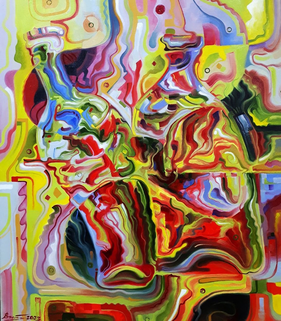 Oil painting Two dancing bottles Sergey Voichenko: Title: Oil painting Two dancing bottles Sergey Voichenko Description: No. Voich 107The oil painting titled "Two Dancing Bottles" is a captivating and vibrant depiction of movement and fluidity,