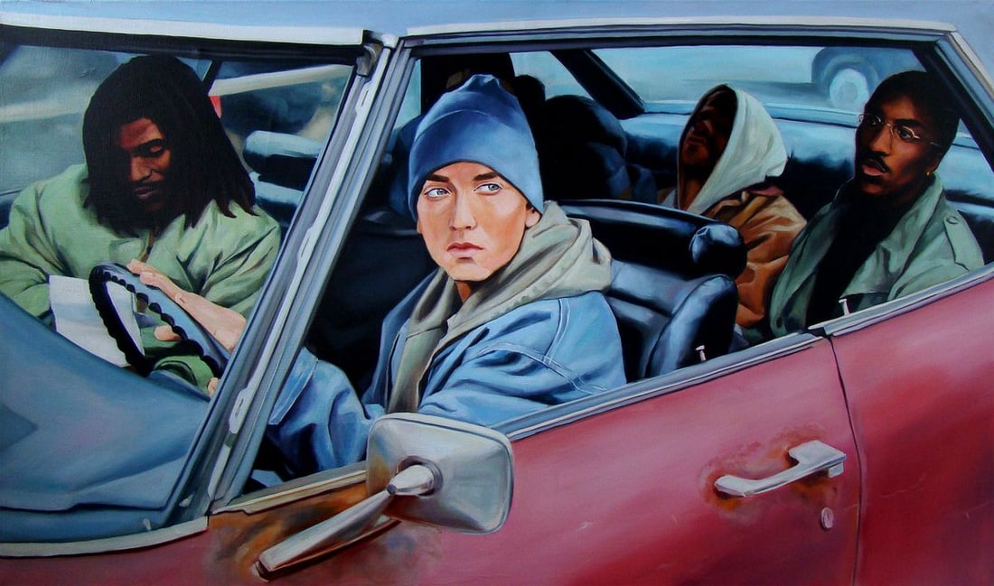 Oil painting Eminem and friends Yulia Lihina: Title: Oil painting Eminem and friends Yulia Lihina Description: No. Lih 37The oil painting titled "Eminem and friends" captures a cinematic moment featuring a group of individuals in a car, portrayed