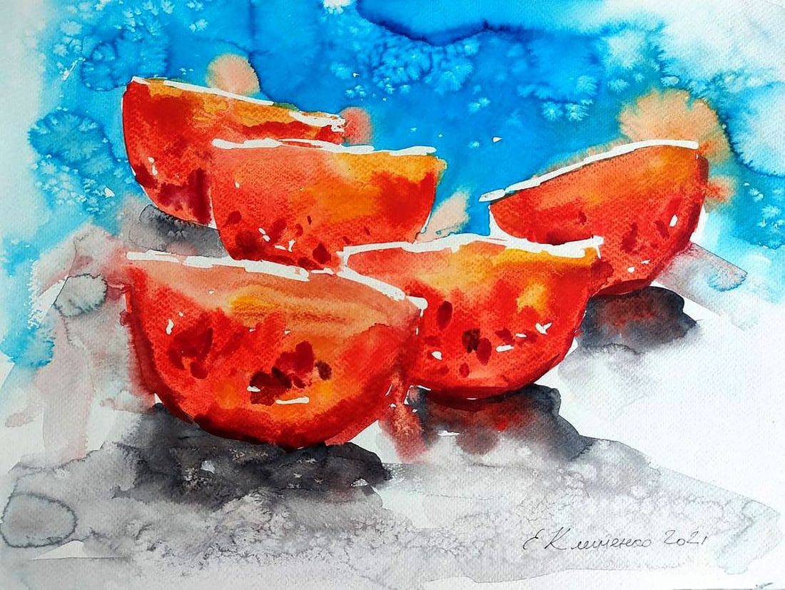 Watercolor painting Tomatoes Elena Klimenko: Title: Watercolor painting Tomatoes Elena Klimenko Description: No. Klim 17 *** ABOUT THIS PAINTING *** * TITLE: "Tomatoes" * ARTISTS: Elena Klimenko* SIZE: 50x35 cm/'19.68x13.77 inches' * MEDIUM: wat