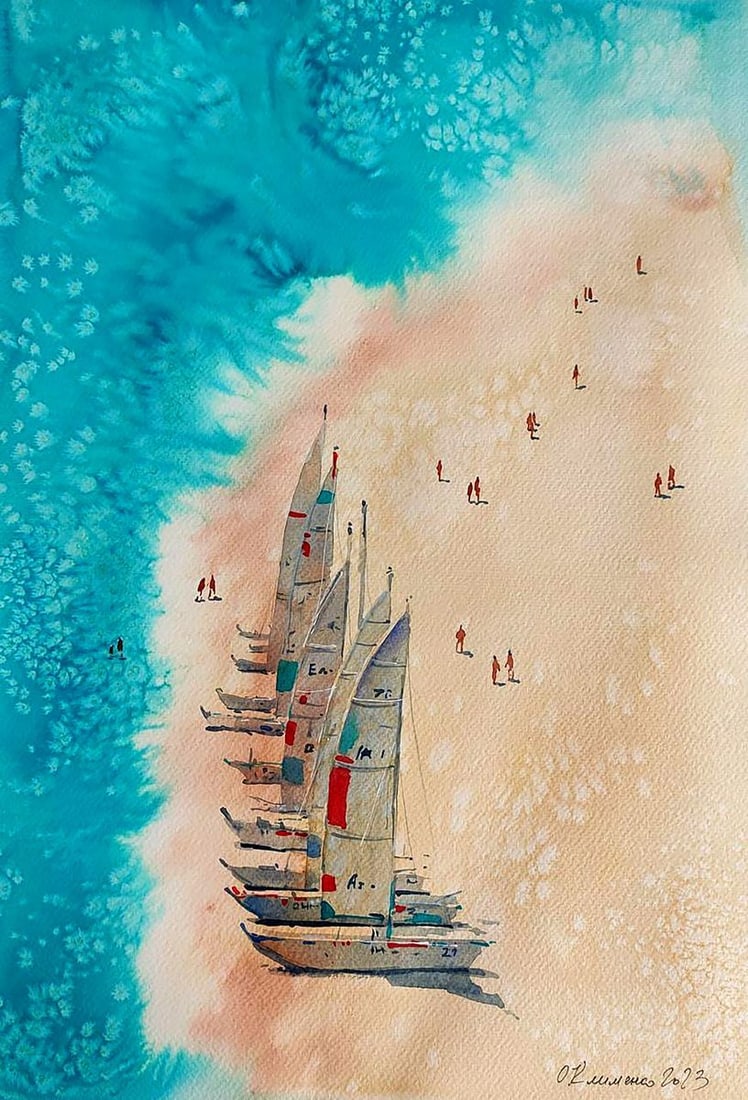 Watercolor painting Sunny beach Elena Klimenko: Title: Watercolor painting Sunny beach Elena Klimenko Description: No. Klim 23 *** ABOUT THIS PAINTING *** * TITLE: "Sunny beach" * ARTISTS: Elena Klimenko* SIZE: 50x35 cm/'19.68x13.77 inches' * MEDIU