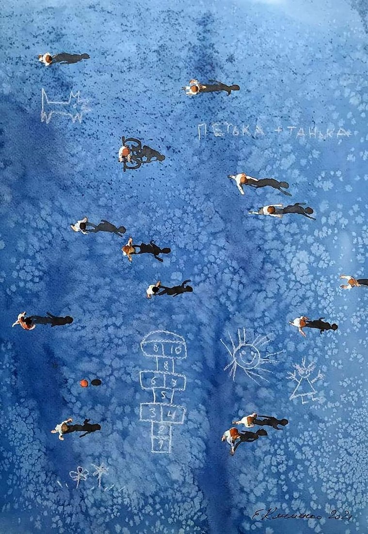 Watercolor painting Noisy yard Elena Klimenko: Title: Watercolor painting Noisy yard Elena Klimenko Description: No. Klim 31 *** ABOUT THIS PAINTING *** * TITLE: "Noisy yard" * ARTISTS: Elena Klimenko* SIZE: 50x35 cm/'19.68x13.77 inches' * MEDIUM: