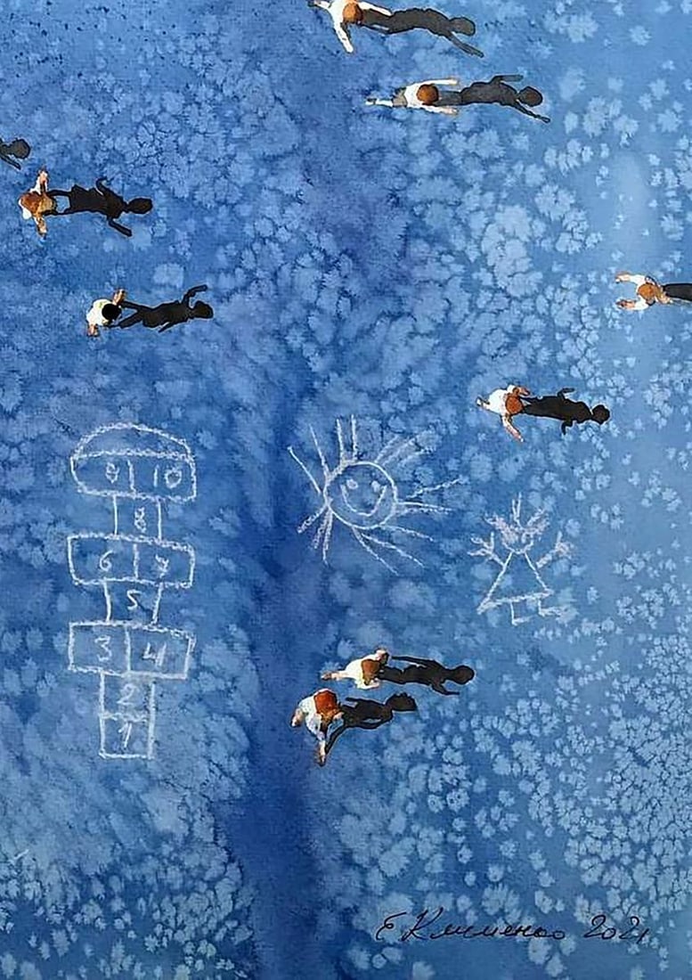 Watercolor painting Noisy yard Elena Klimenko - 5