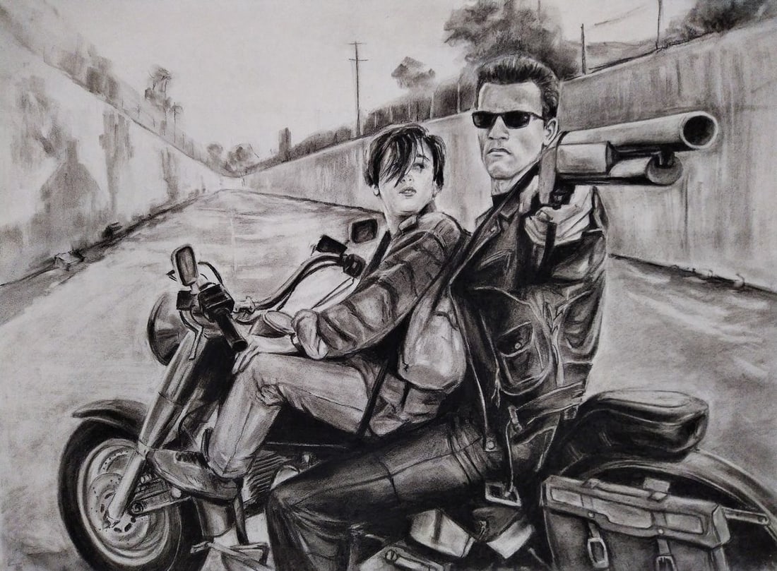 Coal painting Astalavista baby Yulia Lihina: Title: Coal painting Astalavista baby Yulia Lihina Description: No. Lih 2The coal painting titled "Astalavista baby" is a monochromatic tribute to the iconic film "Terminator 2: Judgment Day," capturi