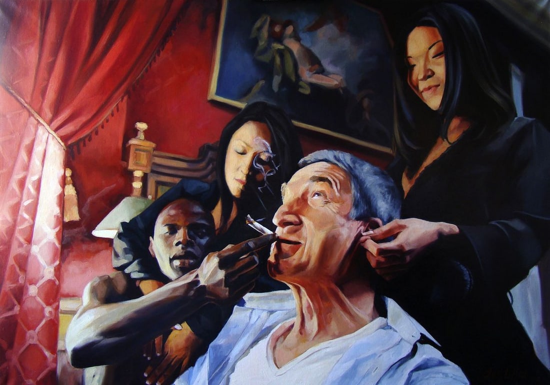 Oil painting Smoke and enjoy Yulia Lihina: Title: Oil painting Smoke and enjoy Yulia Lihina Description: No. Lih 12The oil painting "Smoke and Enjoy" captures a rich narrative moment, depicting a scene that highlights the crossing of paths bet