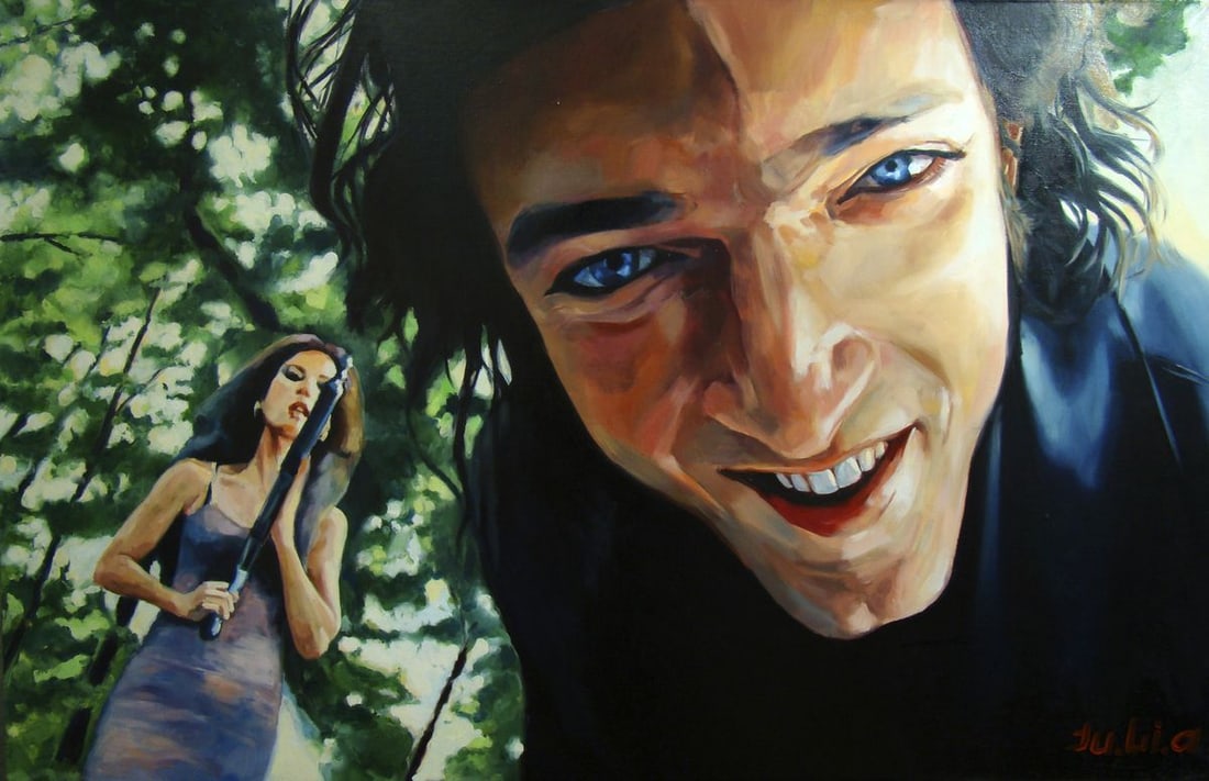 Oil painting What are you Yulia Lihina: Title: Oil painting What are you Yulia Lihina Description: No. Lih 18The oil painting titled "What are you" vividly captures a scene that seems to draw inspiration from the visceral and dynamic storyt