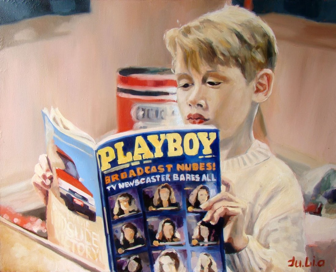 Oil painting I'm such a chick Yulia Lihina: Title: Oil painting I'm such a chick Yulia Lihina Description: No. Lih 19The painting "I'm such a chick" is an oil painting depicting a young boy deeply engrossed in reading a magazine. The scene is s