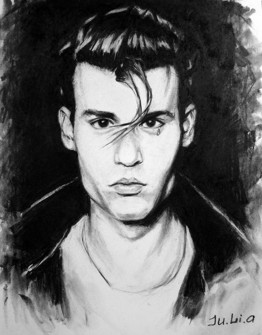 Coal painting Crybaby Yulia Lihina: Title: Coal painting Crybaby Yulia Lihina Description: No. Lih 22The coal painting titled "Crybaby" is a striking portrait rendered in the expressive medium of coal, capturing the likeness of Johnny D