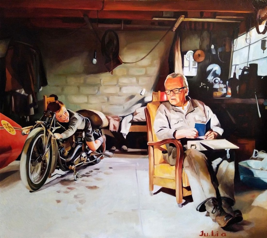 Oil painting Are you going to race Yulia Lihina: Title: Oil painting Are you going to race Yulia Lihina Description: No. Lih 32The oil painting titled "Are you going to race" is a warm and evocative depiction of a scene that captures both the passio