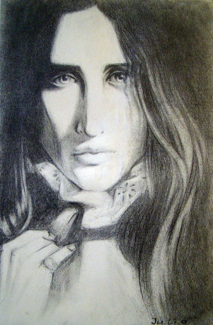 Coal painting I am Crow Yulia Lihina: Title: Coal painting I am Crow Yulia Lihina Description: No. Lih 34The coal painting titled "I am Crow" captures a hauntingly intense portrait, rendered in monochrome, which lends a timeless quality t