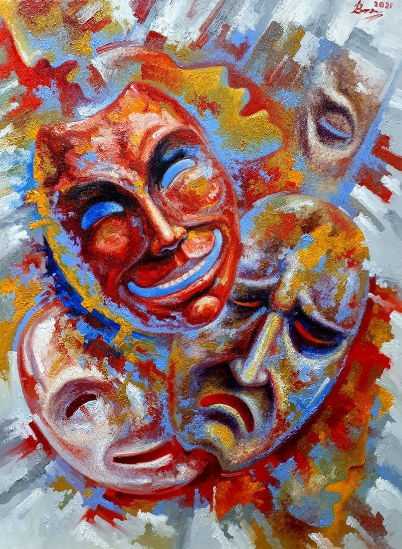 Oil painting 7 masks Sergey Voichenko: Title: Oil painting 7 masks Sergey Voichenko Description: No. Voich 1This oil painting, titled "7 masks," is a vibrant and emotionally charged composition that delves into the realm of the abstract wi