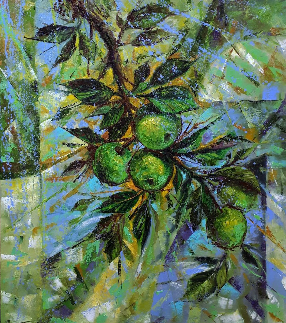 Oil painting Green apples Sergey Voichenko: Title: Oil painting Green apples Sergey Voichenko Description: No. Voich 9The oil painting titled "Green Apples" is a vibrant, expressionist depiction of nature's bounty, pulsating with life and energ
