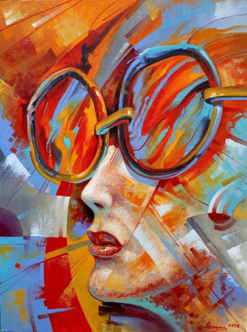 Oil painting Jazz Glasses Sergey Voichenko: Title: Oil painting Jazz Glasses Sergey Voichenko Description: No. Voich 14The oil painting titled "Jazz Glasses" is a visually striking composition that combines the aesthetics of abstract art with a