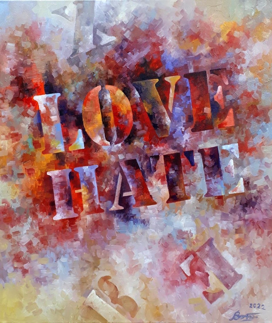 Oil painting Love-hate Sergey Voichenko: Title: Oil painting Love-hate Sergey Voichenko Description: No. Voich 16The oil painting titled "Love-Hate" powerfully embodies the duality of two of the most intense human emotions. The artwork is a