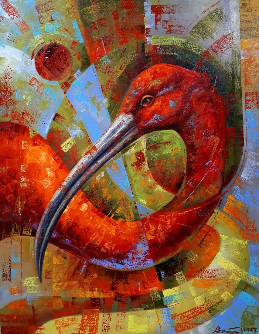 Oil painting Red ibis Sergey Voichenko: Title: Oil painting Red ibis Sergey Voichenko Description: No. Voich 22The abstract oil painting titled "Red Ibis" is a visually arresting piece that captures the essence of the exotic bird through a