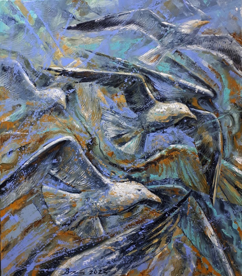 Oil painting Sea birds Sergey Voichenko: Title: Oil painting Sea birds Sergey Voichenko Description: No. Voich 23The abstract oil painting titled "Sea Birds" is a dynamic and textured portrayal that captures the essence and movement of birds