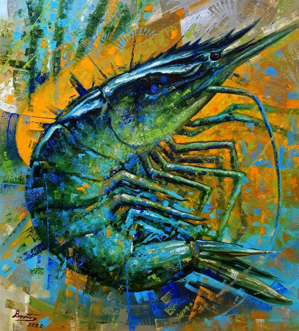 Oil painting Shrimp Sergey Voichenko: Title: Oil painting Shrimp Sergey Voichenko Description: No. Voich 24This abstract oil painting, titled "Shrimp," is a vibrant and textural depiction of marine life, translated into a tapestry of bold