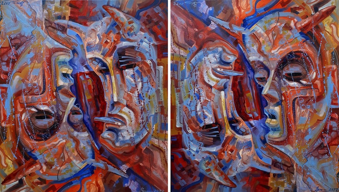 Oil painting Turn the demons Sergey Voichenko: Title: Oil painting Turn the demons Sergey Voichenko Description: No. Voich 30The painting "Turn the Demons" offers a compelling examination of thematic duality through its abstract representation. Th