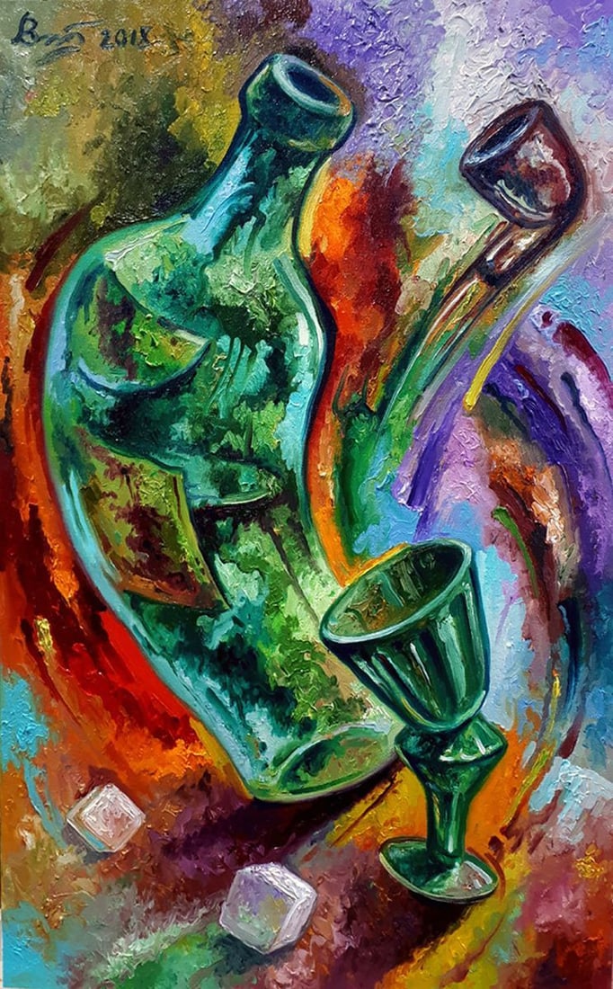 Oil painting Absinthe please Sergey Voichenko: Title: Oil painting Absinthe please Sergey Voichenko Description: No. Voich 31The abstract oil painting titled "Absinthe please" captures the essence of the famous beverage with a dynamic and vividly