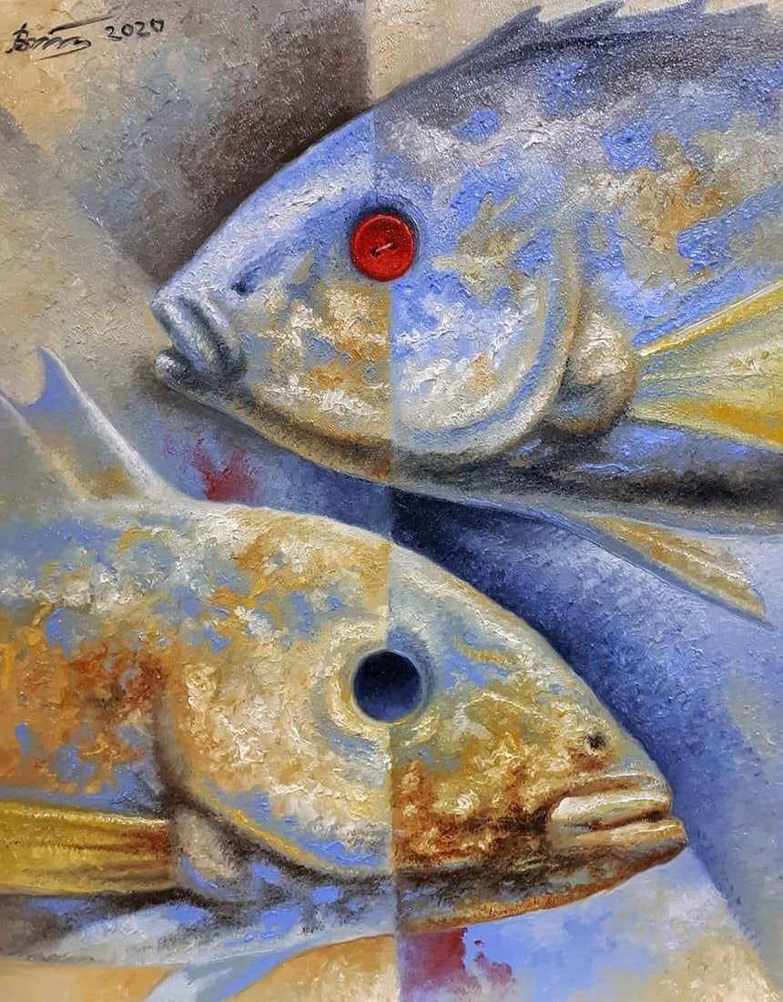 Oil painting The desire for gold Sergey Voichenko: Title: Oil painting The desire for gold Sergey Voichenko Description: No. Voich 33"The Desire for Gold" is an evocative abstract oil painting, featuring the dual visages of fish with a compelling cont