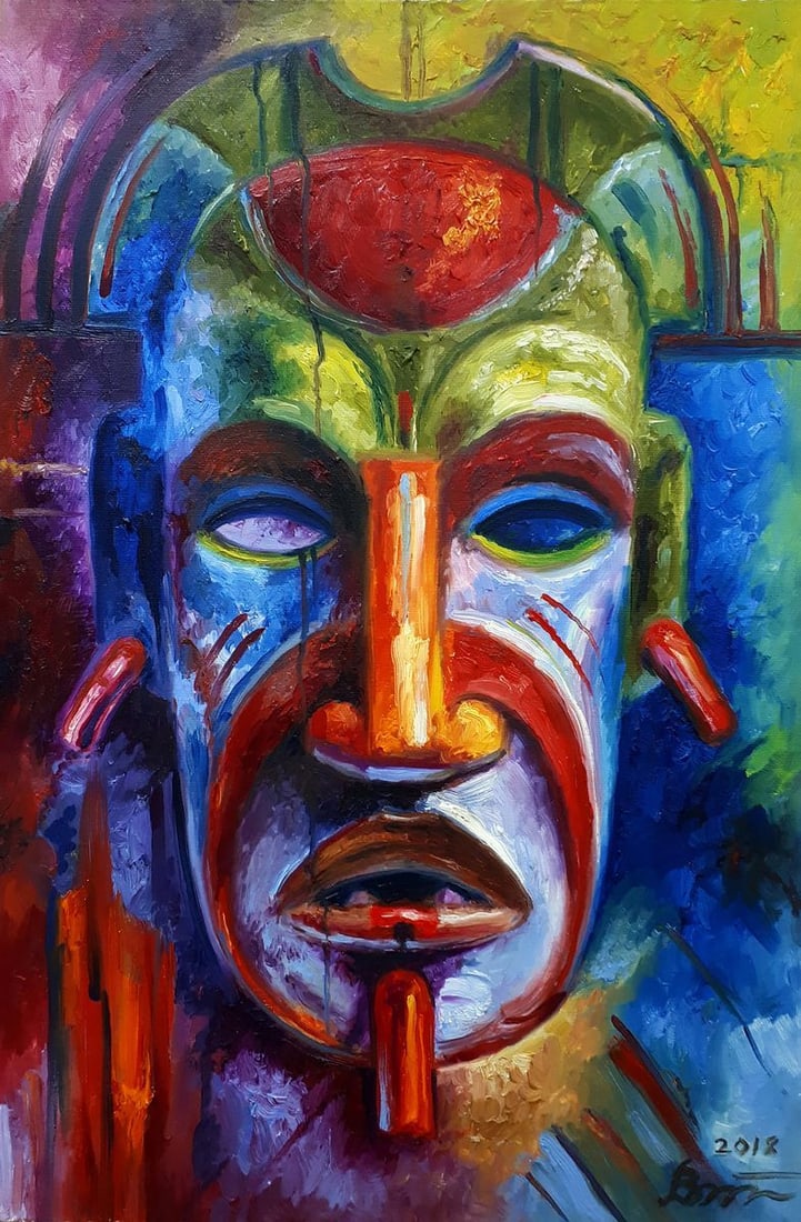 Oil painting A colorful mask of a tribal shaman Sergey Voichenko: Title: Oil painting A colorful mask of a tribal shaman Sergey Voichenko Description: No. Voich 34"A Colorful Mask of a Tribal Shaman" is a vibrant and intense abstract oil painting that captures the e
