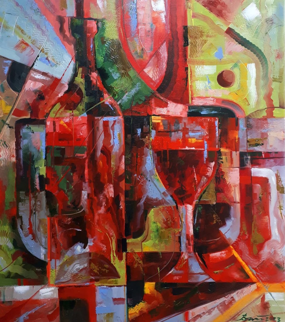 Oil painting Cherry wine Sergey Voichenko: Title: Oil painting Cherry wine Sergey Voichenko Description: No. Voich 40"Cherry Wine" is an abstract oil painting characterized by its rich tapestry of colors and dynamic composition that captures t