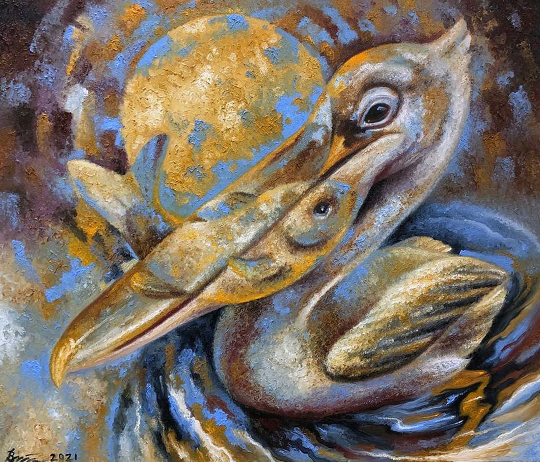 Oil painting The soul of a pelican Sergey Voichenko: Title: Oil painting The soul of a pelican Sergey Voichenko Description: No. Voich 43"The Soul of a Pelican" is a captivating abstract oil painting that delves into the essence of this majestic seabird