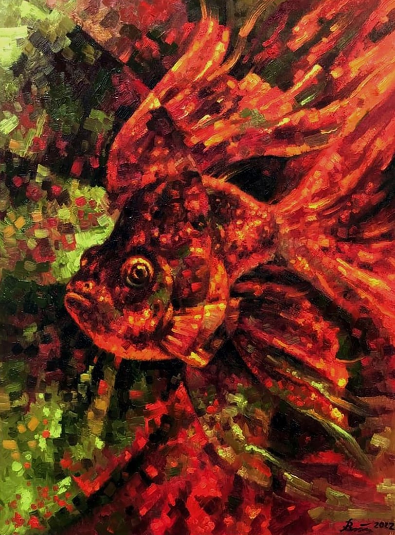 Oil painting Goldfish Sergey Voichenko: Title: Oil painting Goldfish Sergey Voichenko Description: No. Voich 47"Goldfish" is an abstract oil painting that captures the vibrant essence and movement of a goldfish through a fiery explosion of