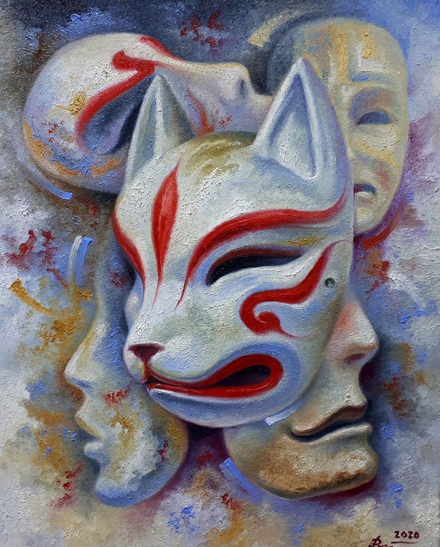 Oil painting Kitsune Japanese fox Sergey Voichenko: Title: Oil painting Kitsune Japanese fox Sergey Voichenko Description: No. Voich 52"Kitsune Japanese Fox" is an abstract oil painting that captures the enigmatic and multifaceted nature of the kitsune