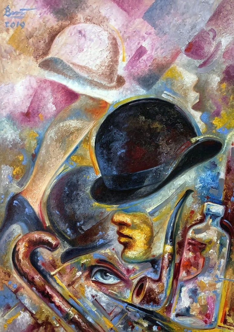 Oil painting Bowls Sergey Voichenko: Title: Oil painting Bowls Sergey Voichenko Description: No. Voich 54"Bowls" is an abstract oil painting that uses the motif of hats to create a rich tapestry of form, color, and symbolism. The composi