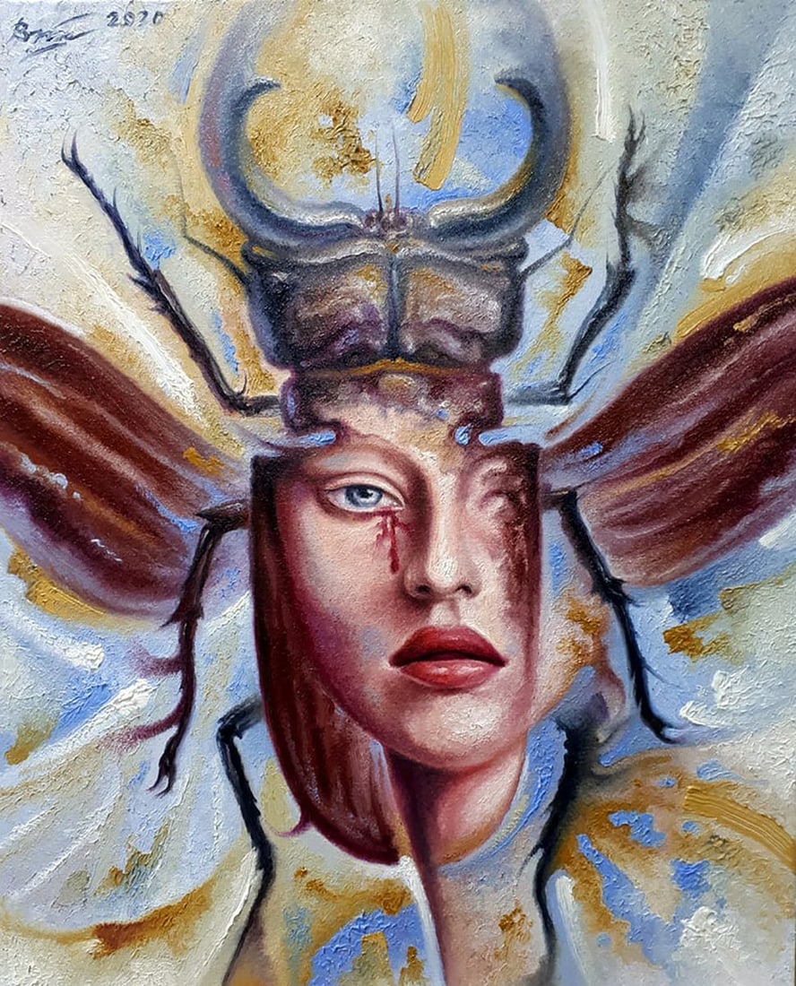 Oil painting Lady Beetle Sergey Voichenko: Title: Oil painting Lady Beetle Sergey Voichenko Description: No. Voich 58"Lady Beetle" is an abstract oil painting that presents a striking fusion of human and insect elements, creating a powerful im