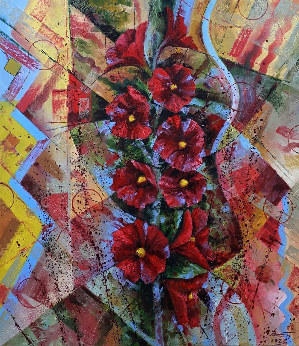 Oil painting Malva Sergey Voichenko: Title: Oil painting Malva Sergey Voichenko Description: No. Voich 61"Malva" is an oil painting that abstractly interprets the vivid and striking presence of the mallow flower, or malva. The artwork is