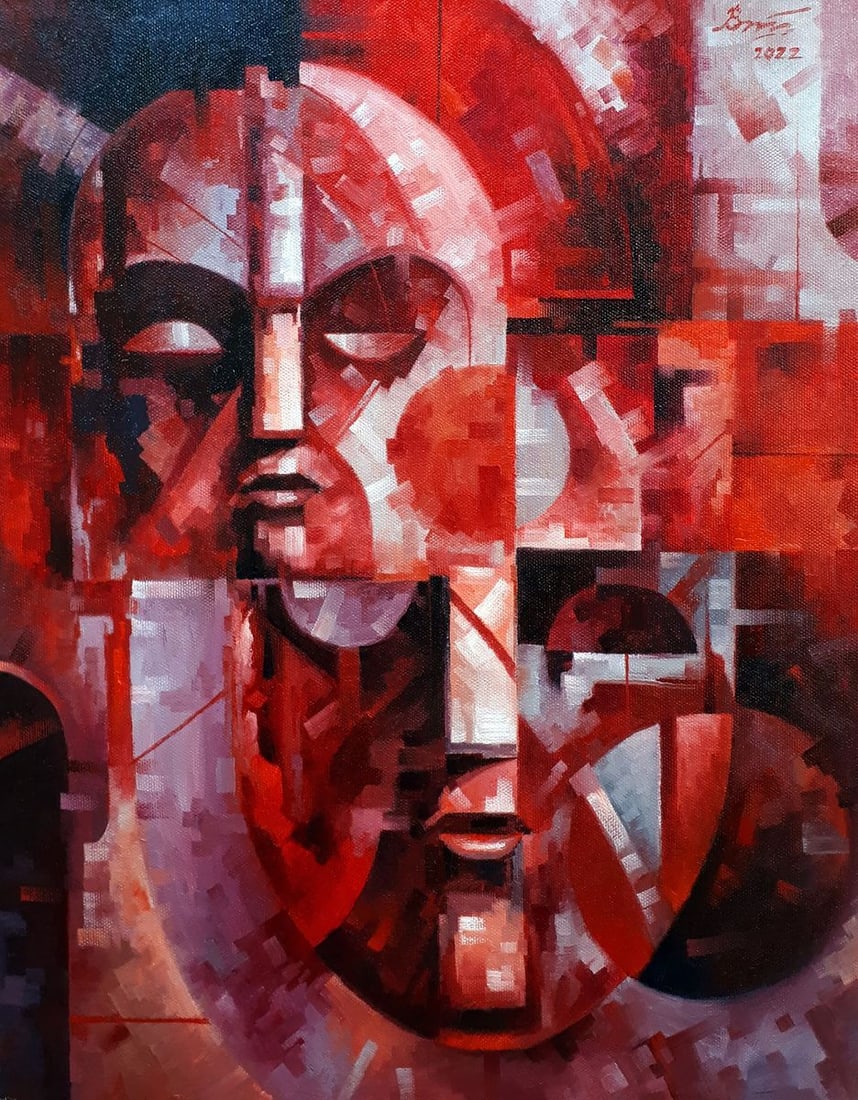 Oil painting Masks in red Sergey Voichenko: Title: Oil painting Masks in red Sergey Voichenko Description: No. Voich 62"Masks in Red" is an abstract oil painting that delves into the theme of identity and facade through the use of the mask moti