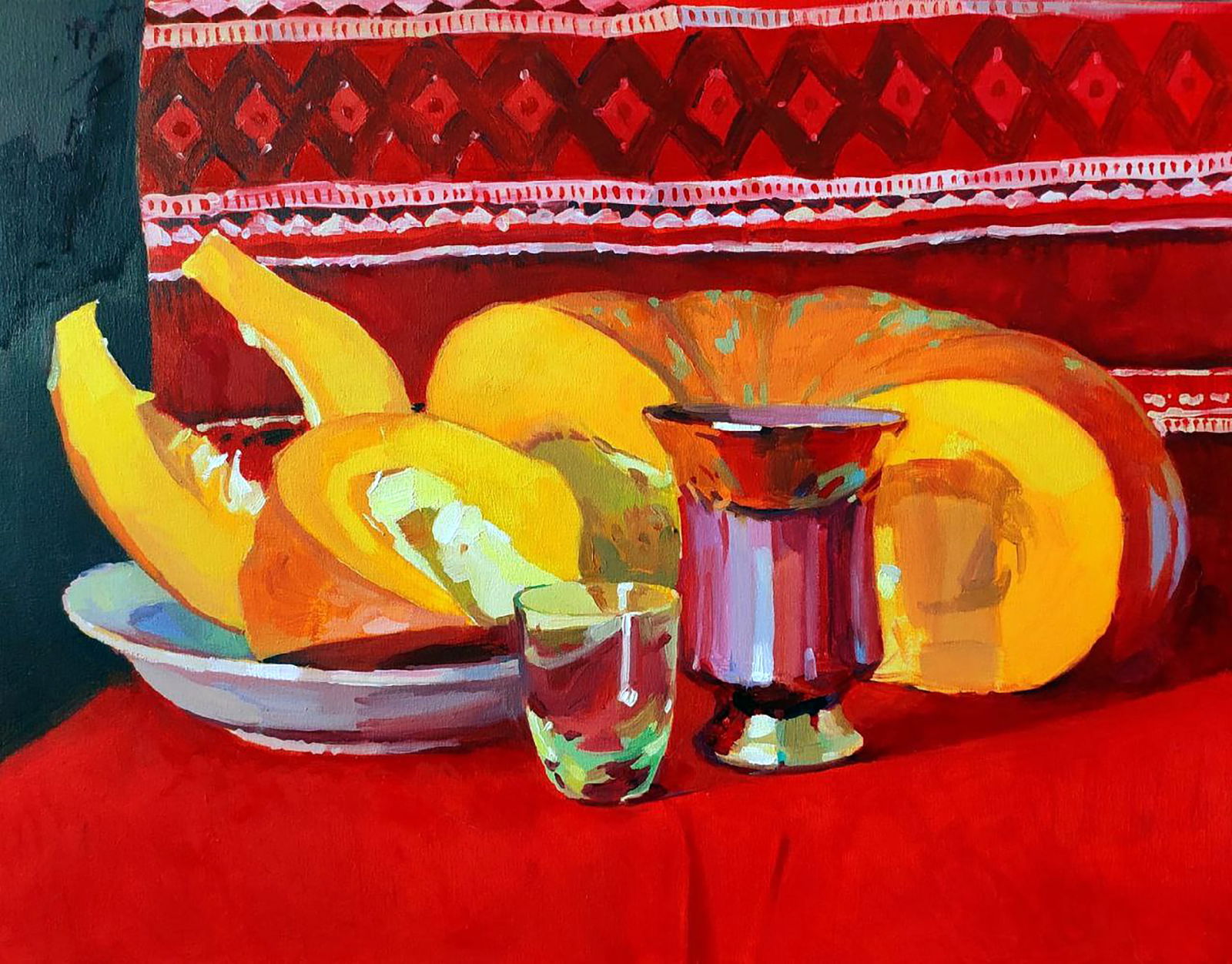 Oil painting Still life with pumpkin and drink Anastasia Yaroshevich: Title: Oil painting Still life with pumpkin and drink Anastasia Yaroshevich Description: 26YARO Painter: Anastasia Yaroshevich Size: 35x45 cm/13.77x17.71 inches Components: oil, dvpOriginal painting C
