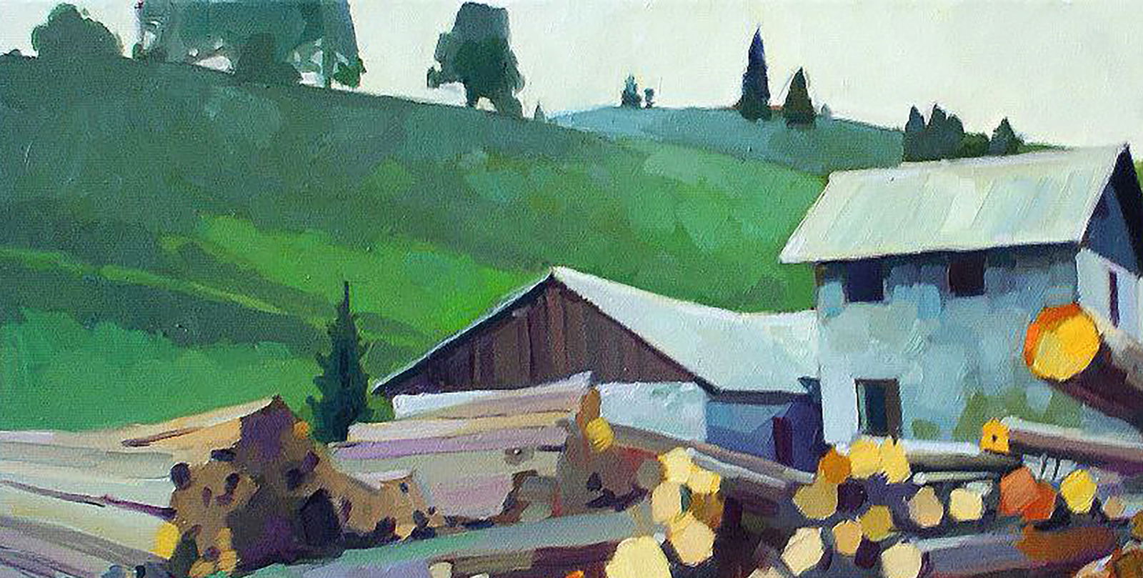 Oil painting Sawmill Anastasia Yaroshevich: Title: Oil painting Sawmill Anastasia Yaroshevich Description: 45YARO Painter: Anastasia Yaroshevich Size: 30x65 cm/11.81x25.59 inches Components: oil, canvas Original painting CONDITION: excellent AR