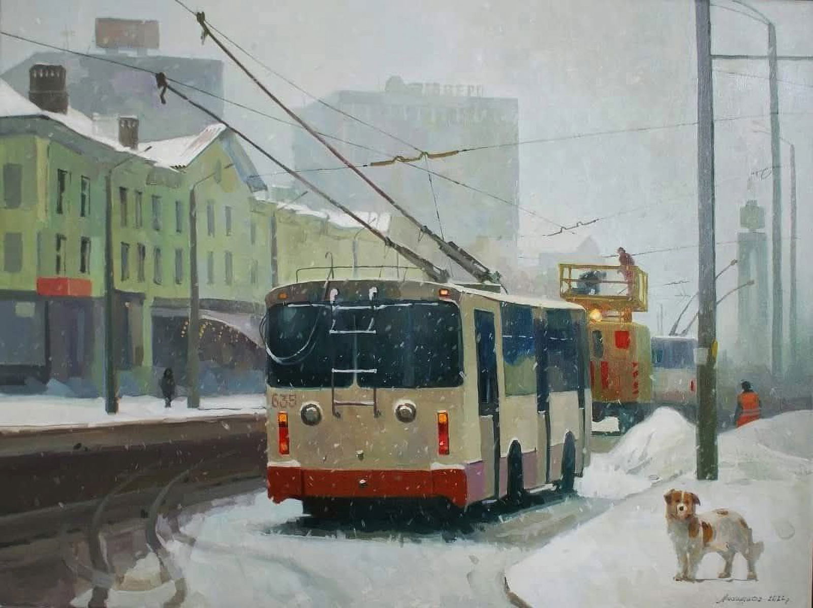 Oil painting City bus Anastasia Yaroshevich: Title: Oil painting City bus Anastasia Yaroshevich Description: 70YARO Painter: Anastasia Yaroshevich Size: 60x80 cm/23.62x31.49 inches Components: oil, canvas Original painting CONDITION: excellent A