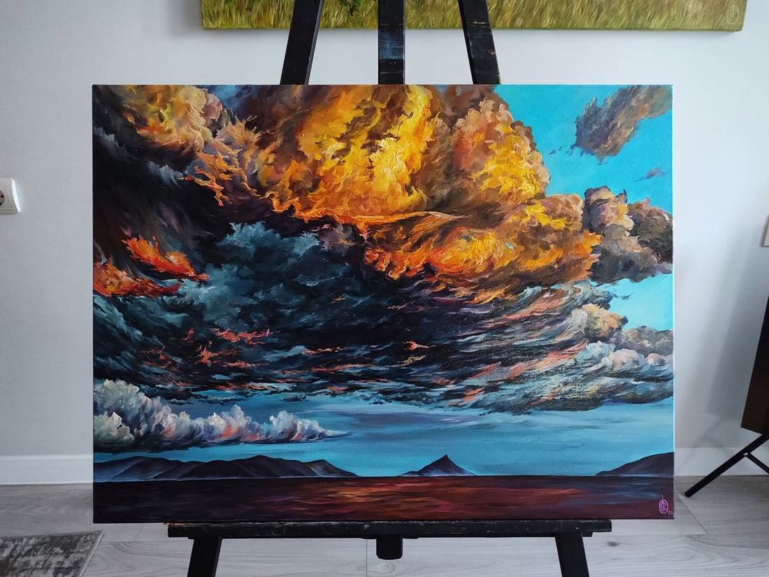 Acrylic painting Fiery daytime clouds Oksana Sklym - 2