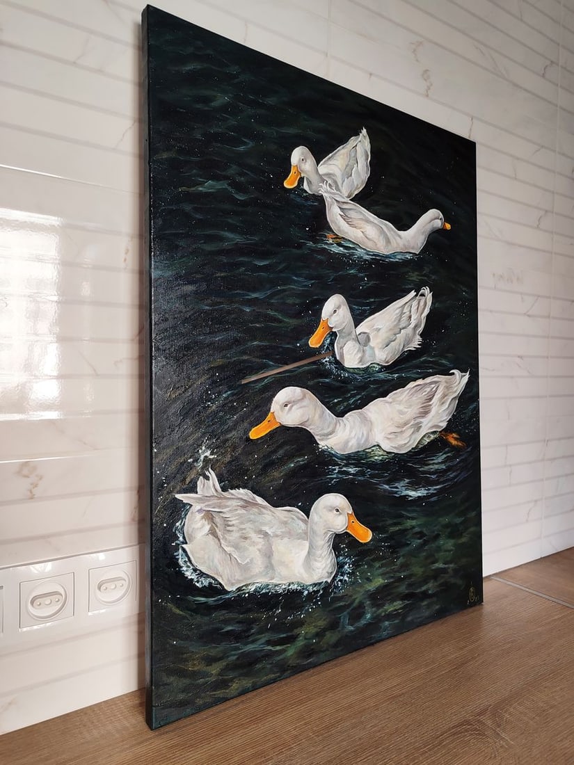 Oil painting Ducks are swimming in the lake Oksana Sklym - 2
