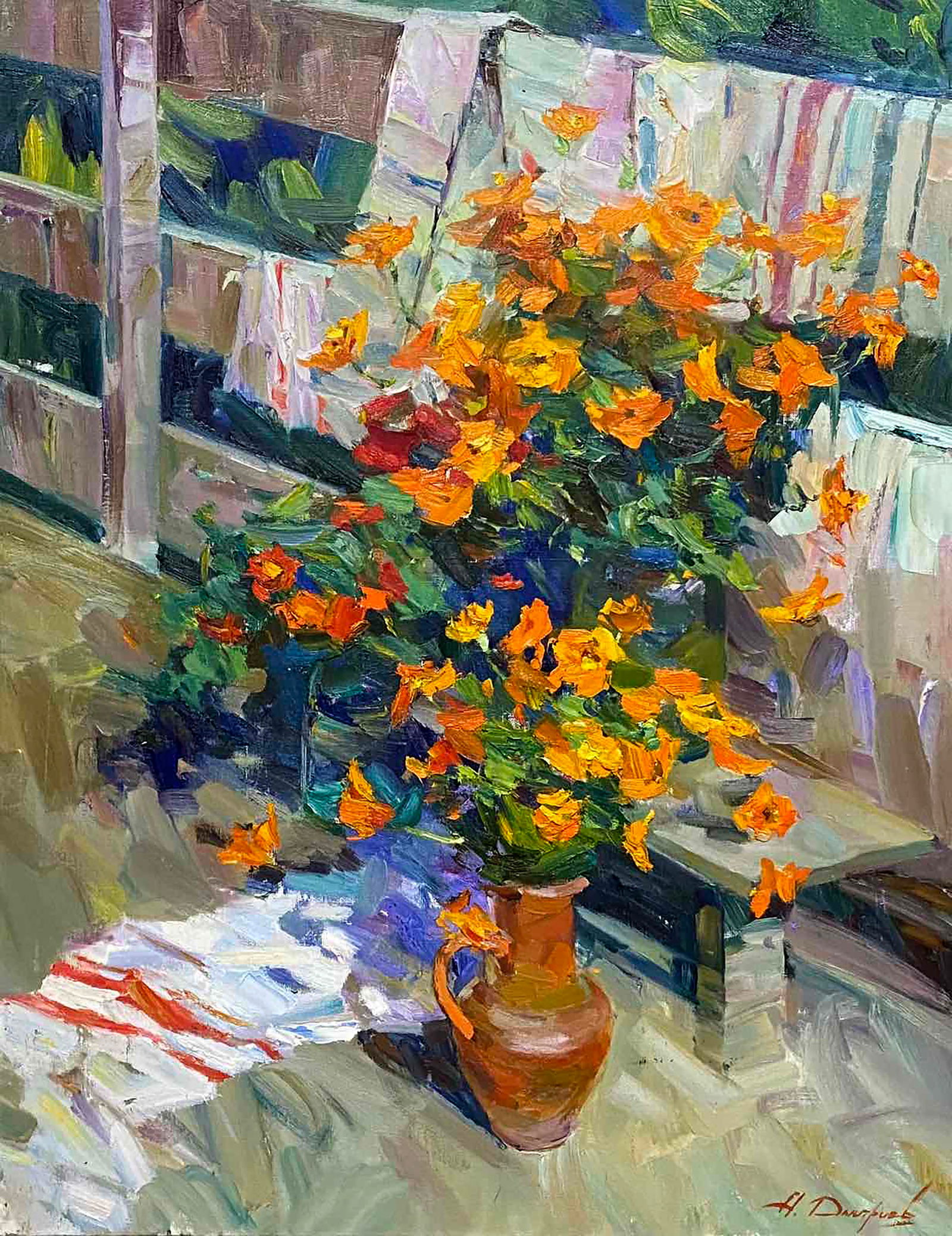 Oil painting Morning flowers Alexey Dmitriev: Title: Oil painting Morning flowers Alexey Dmitriev Description: 41POLT Painter: Alexey Dmitriev Size: 70x90 cm/27.55x35.43 inches Components: oil, canvas Original painting CONDITION: excellent ARTIST