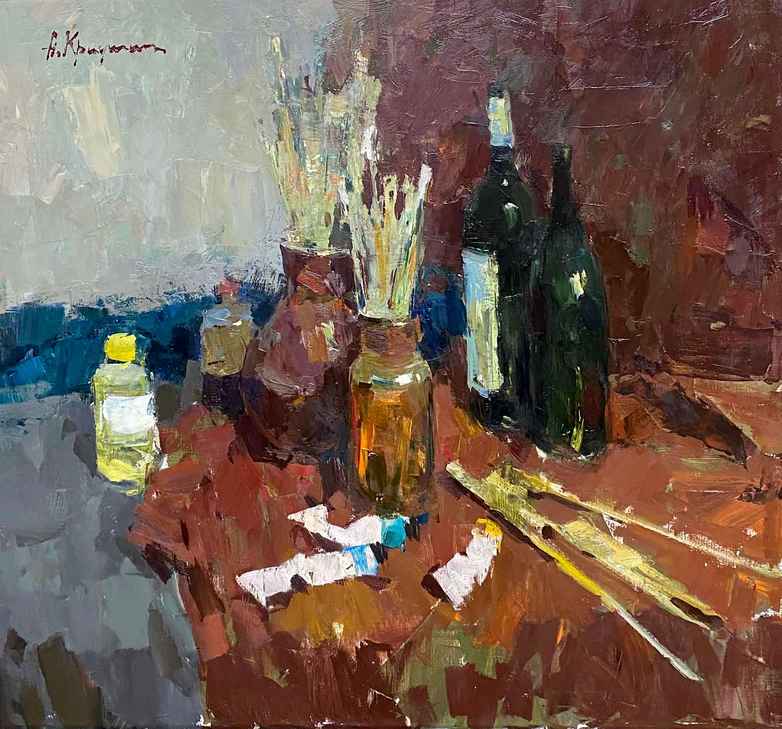 Oil painting In the workshop Alexander Kriushin: Title: Oil painting In the workshop Alexander Kriushin Description: 44POLT Painter: Alexander Kriushin Size: 70x75 cm/27.55x29.52 inches Components: oil, canvas Original painting CONDITION: