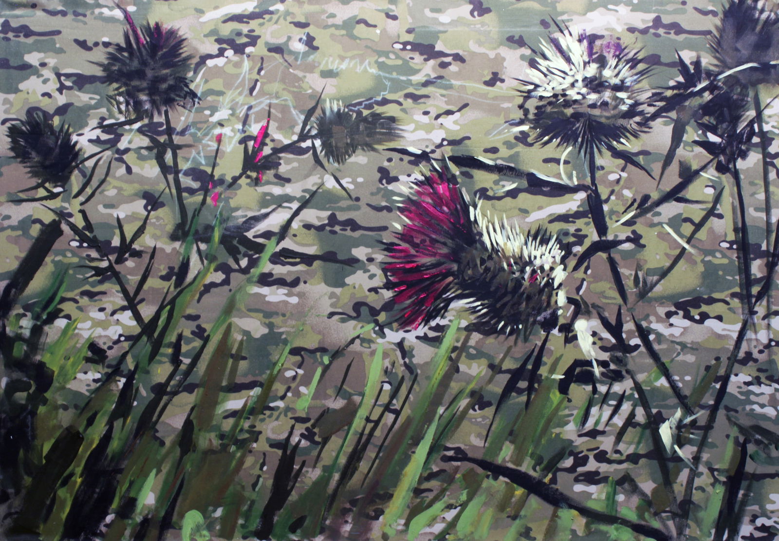 Oil painting Thistles Ed Potapenkov: Title: Oil painting Thistles Ed Potapenkov Description: 42POTAP Painter: Ed Potapenkov Size: 110x90 cm/43.30x35.43 inches Components: oil, mixed media, camouflageOriginal painting CONDITION: excellent