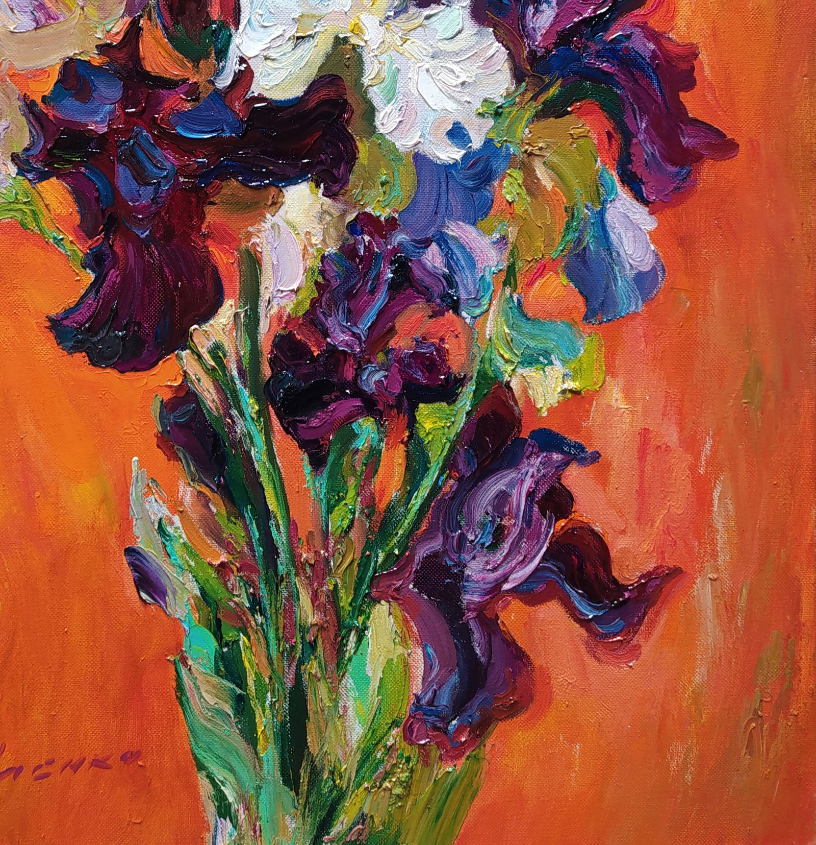 Oil painting Irises on red Leonid Pavlenko - 5