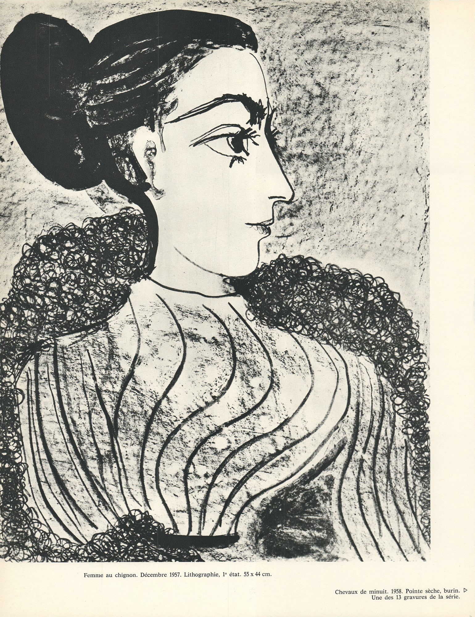 Pablo Picasso - Femme au chignon - 1971 Offset Lithograph 12.25" x 9.5": Title: Pablo Picasso - Femme au chignon - 1971 Offset Lithograph 12.25" x 9.5" Description: "Femme au chignon" by Pablo Picasso, 1971 Unsigned Offset Lithograph. Paper size is 12.25 x 9.5 inches, with