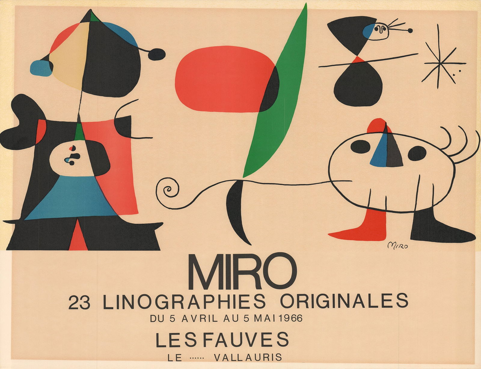 Joan Miro - Les Fauves - 1966 Lithograph 20" x 26": Title: Joan Miro - Les Fauves - 1966 Lithograph 20" x 26" Description: "Les Fauves" by Joan Miro, 1966 Unsigned Lithograph. Paper size is 20 x 26 inches, with an image size of 20 x 26 inches. The