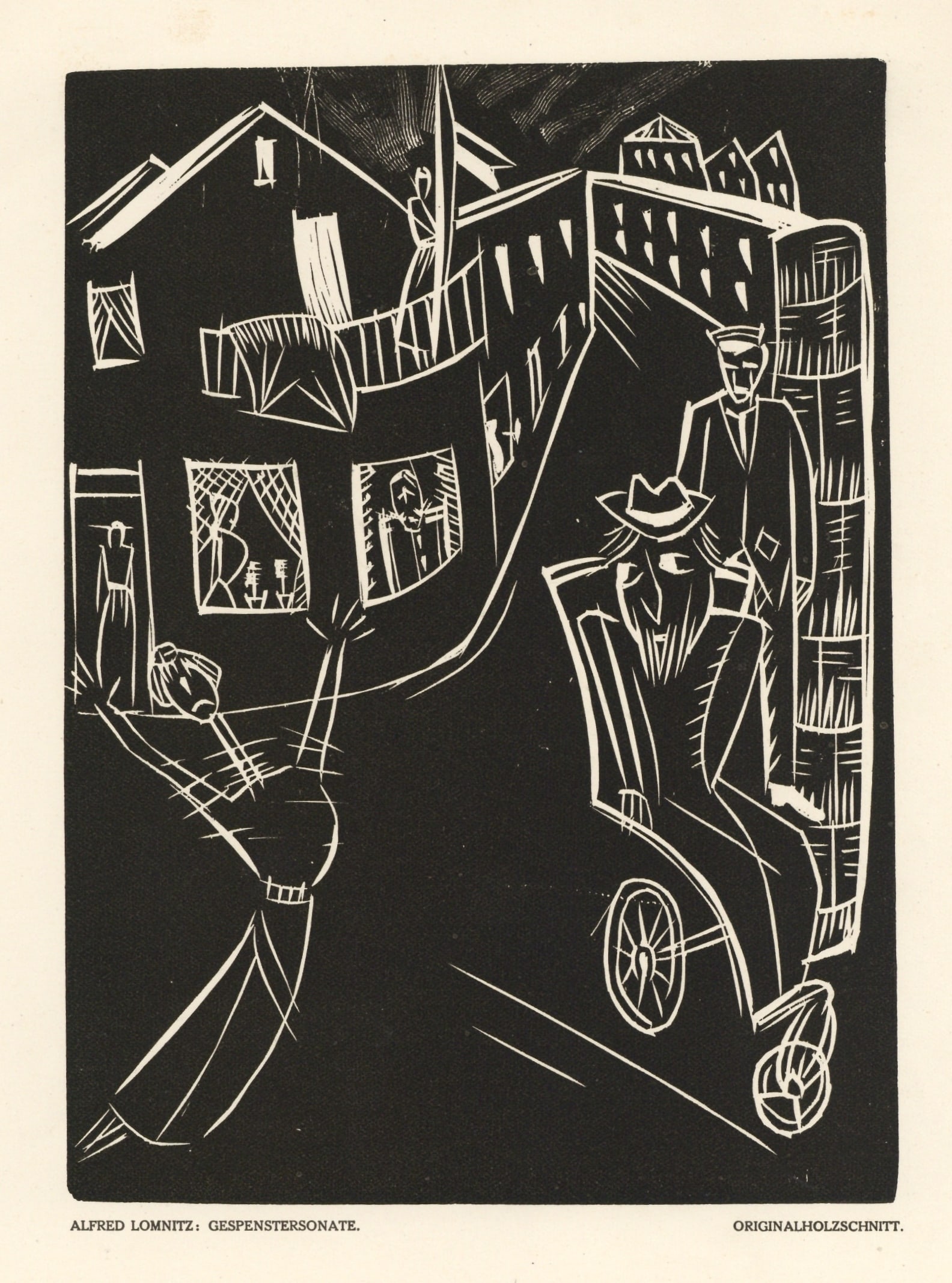Alfred Lomnitz original woodcut "Gespenstersonate": Title: Alfred Lomnitz original woodcut "Gespenstersonate" Description: Medium: original woodcut. Executed in 1920 for Das Kunstblatt, published in Berlin by Verlag Gustav Kiepenheuer. The total sheet