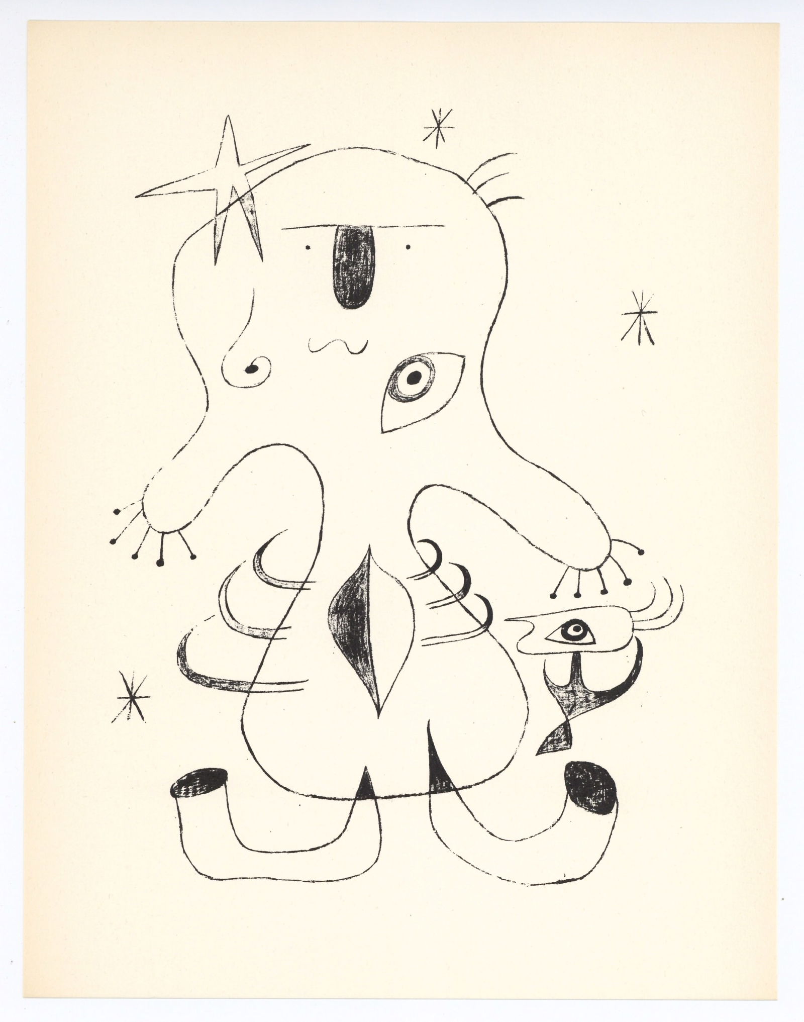 Joan Miro surrealist composition, 1947: Title: Joan Miro surrealist composition, 1947 Description: Medium: collotype (after the Miro lithograph). Printed in 1947 in an edition of 1500 by Meriden Gravure and published by Curt Valentin for