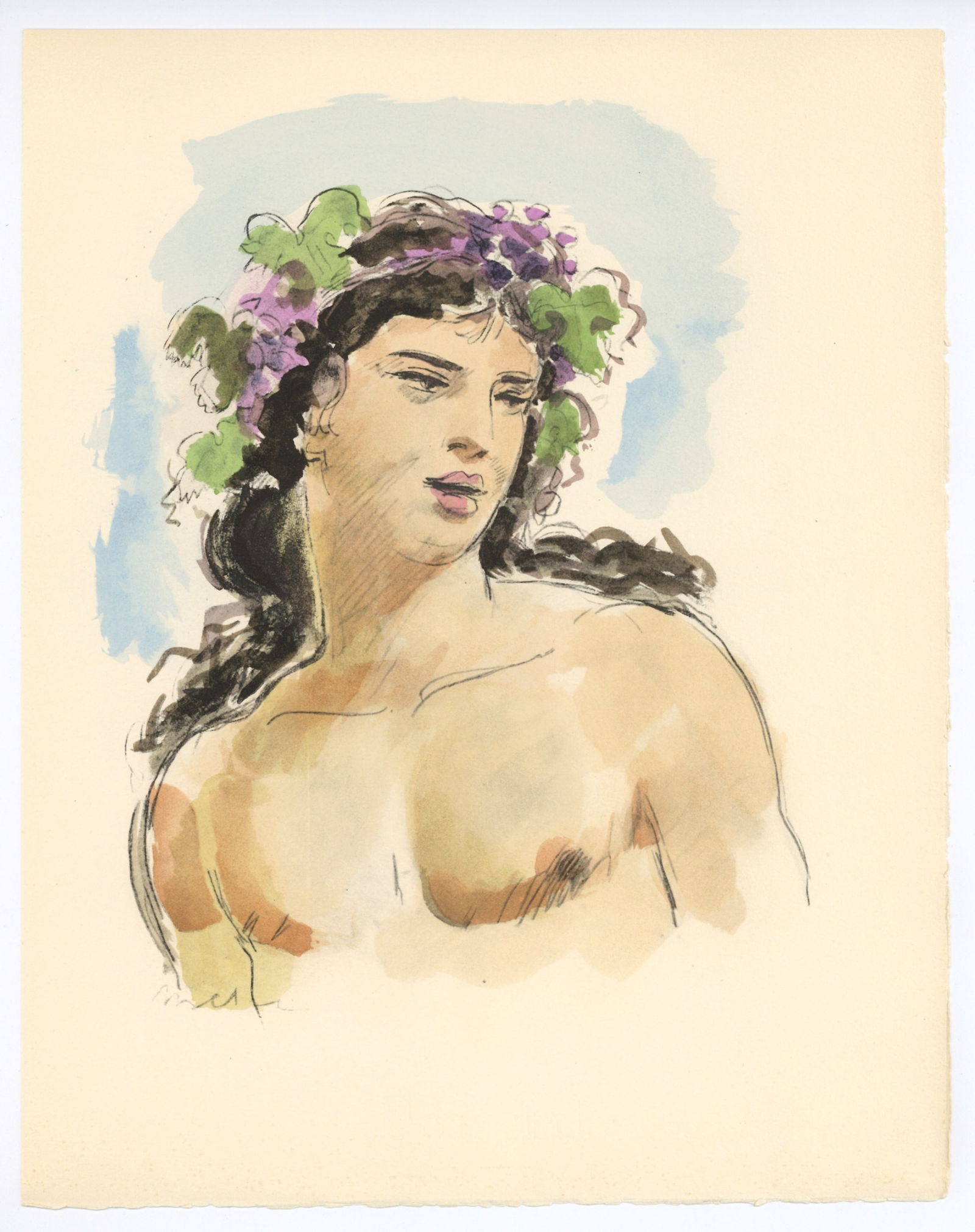 Milivoj Uzelac pochoir "Le vin Paien": Title: Milivoj Uzelac pochoir "Le vin Paien" Description: Medium: pochoir (after the watercolor). Printed on Arches paper in 1956 at the atelier Daniel Jacomet for the Vins, fleurs et flammes