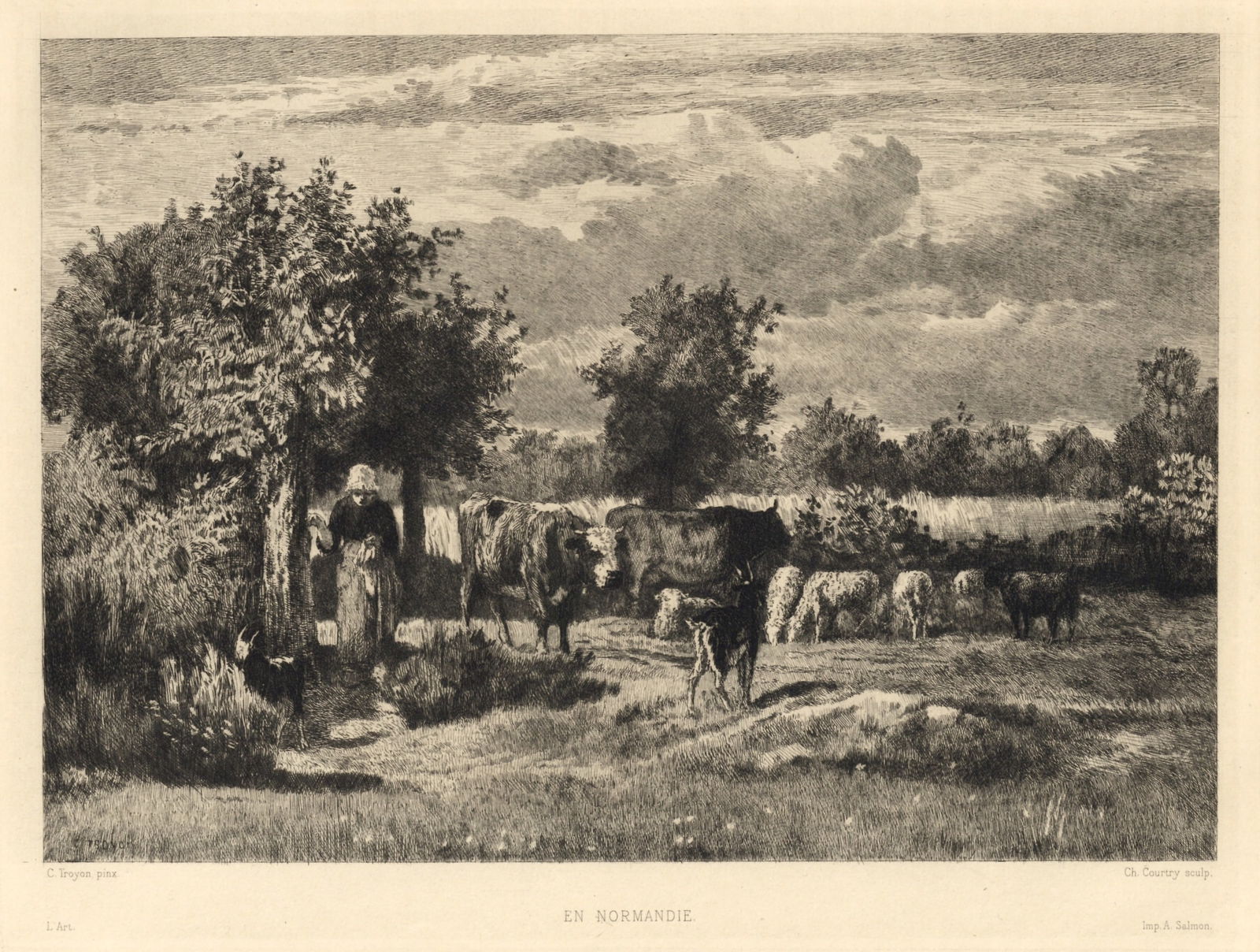 Constant Troyon etching "En Normandie" Charles Courtry: Title: Constant Troyon etching "En Normandie" Charles Courtry Description: Medium: etching (after the painting). Etched by Charles Courtry after Constant Troyon. This impression on laid paper was
