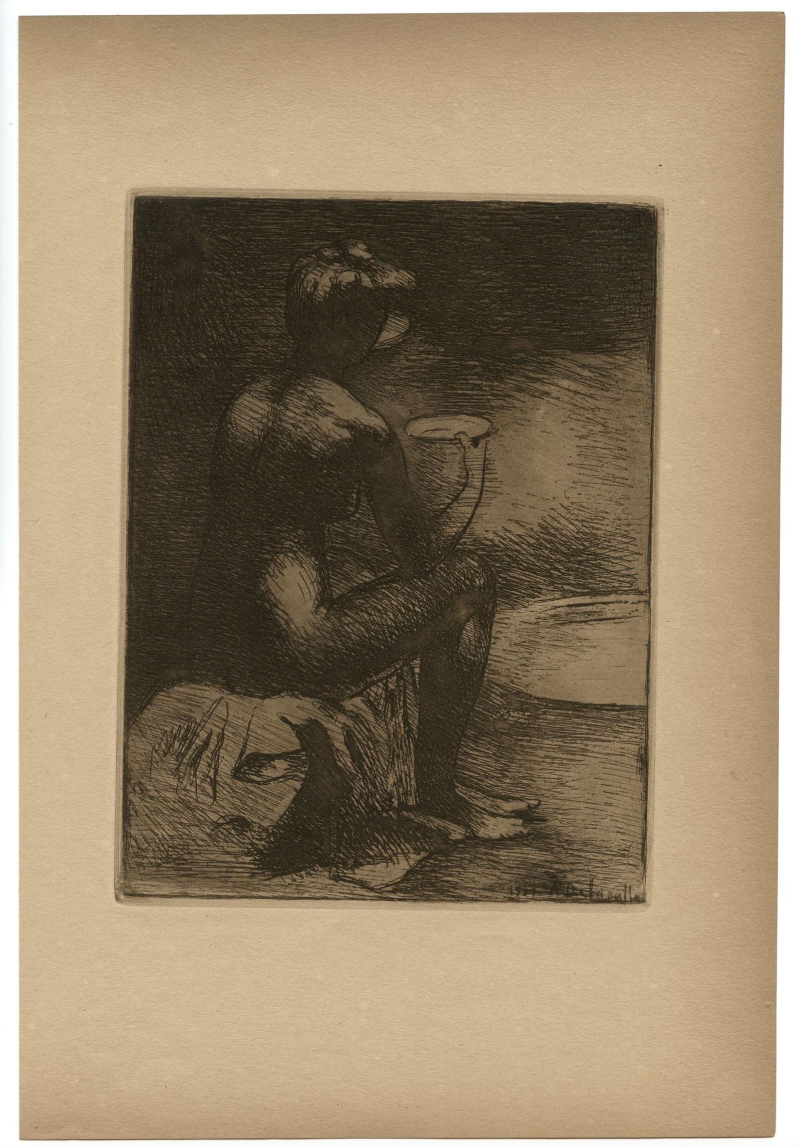 Angele Delasalle original etching "Le dejeuner": Title: Angele Delasalle original etching "Le dejeuner" Description: Medium: original etching. Also called "Etude de nu". Printed in 1907 and published in Paris by the Revue de l'art ancien et moderne.