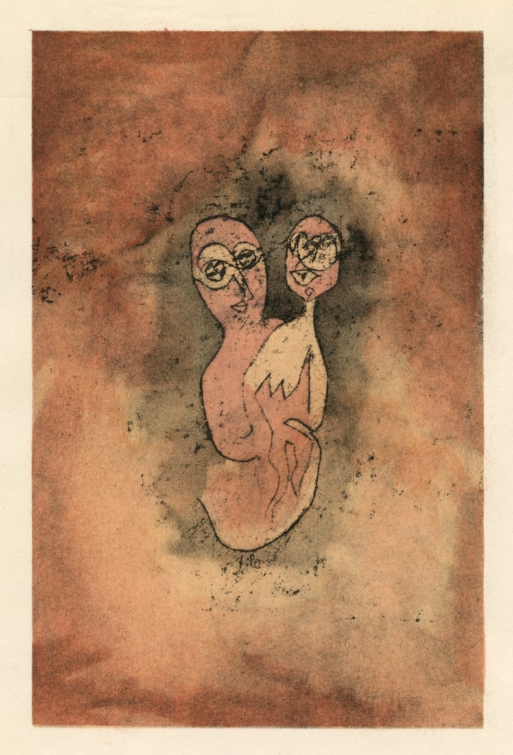 Paul Klee pochoir "Adam and little Eve": Title: Paul Klee pochoir "Adam and little Eve" Description: Medium: pochoir (after the 1921 watercolor). Printed in Paris by Daniel Jacomet and published in 1959 by Heinz Berggruen. The image measures